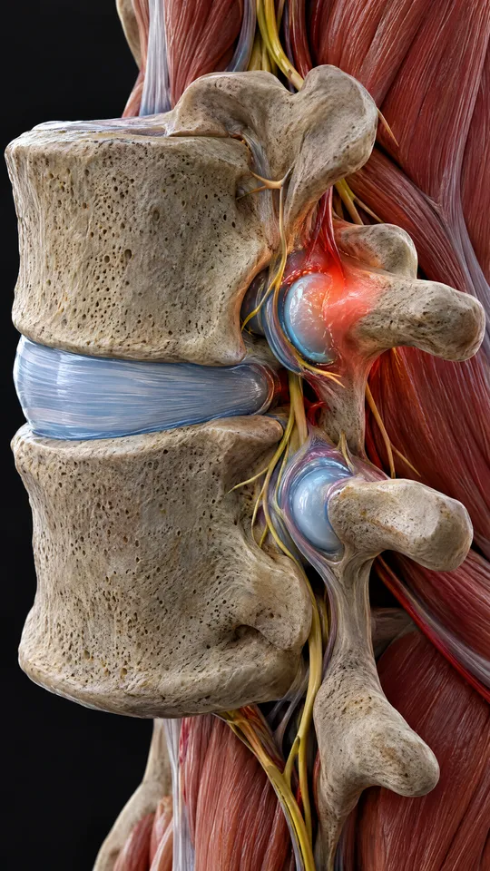 Close view of the lower spine showing the small facet joints at the back, one shown irritated