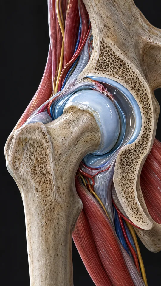 Cross-section of the hip showing a bony bump on the thigh bone meeting the rim of the socket