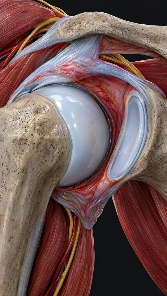 Inside the shoulder joint showing the ball and socket wrapped in a thickened, tight joint capsule