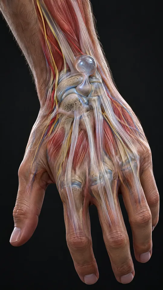 Back of the wrist showing a small fluid-filled cyst attached to the wrist joint