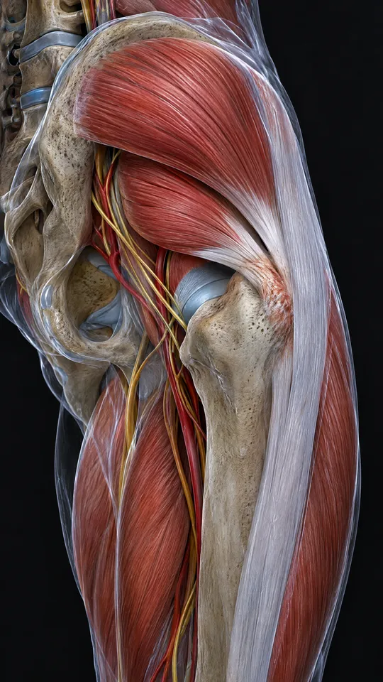 Side of the hip showing the gluteal tendons attaching to the bony point of the thigh bone, shown irritated