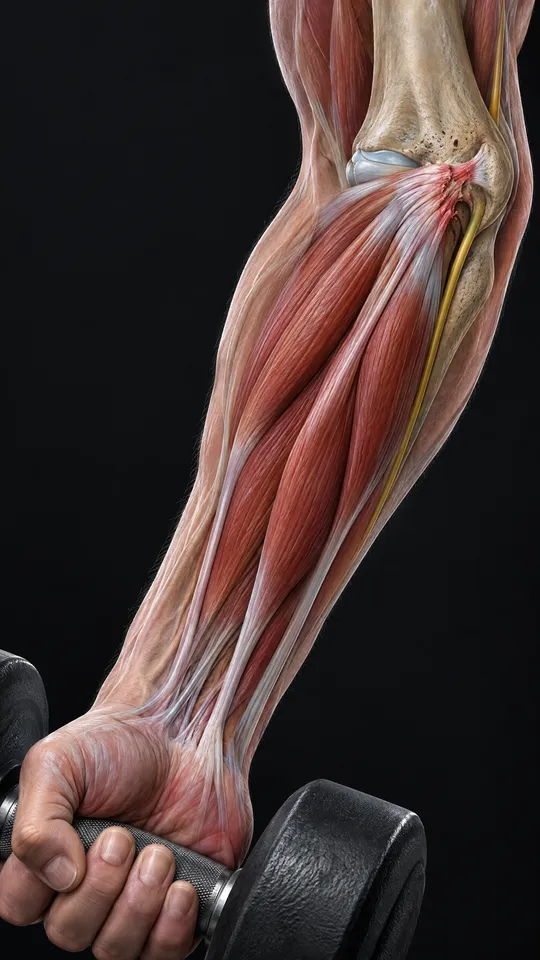 Inner elbow and forearm showing the forearm flexor muscles joining one tendon on the inner elbow bone