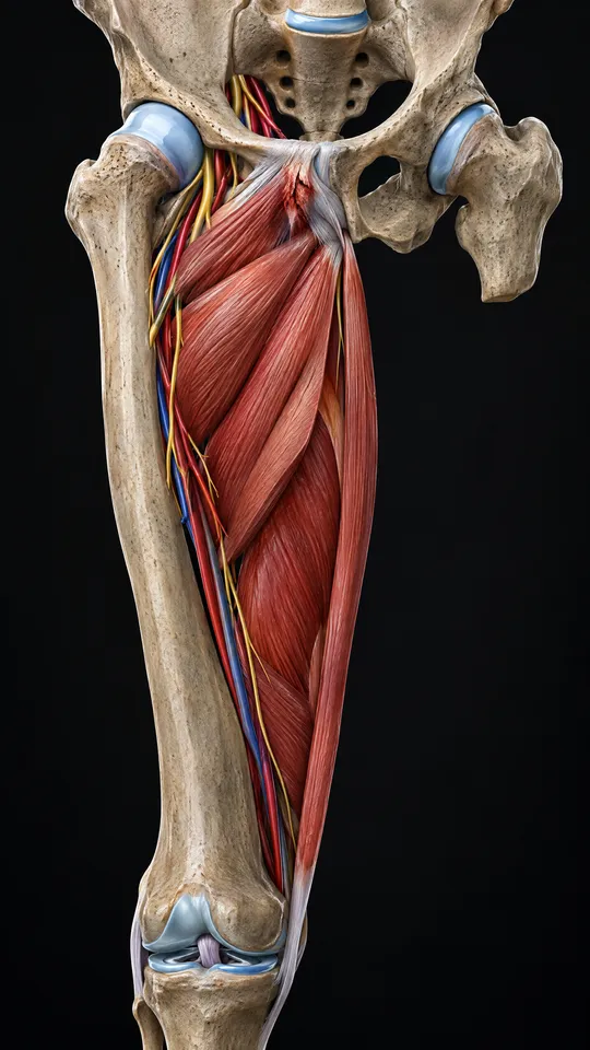 Pelvis and thigh bone showing the inner thigh muscles with a strain near the pubic bone