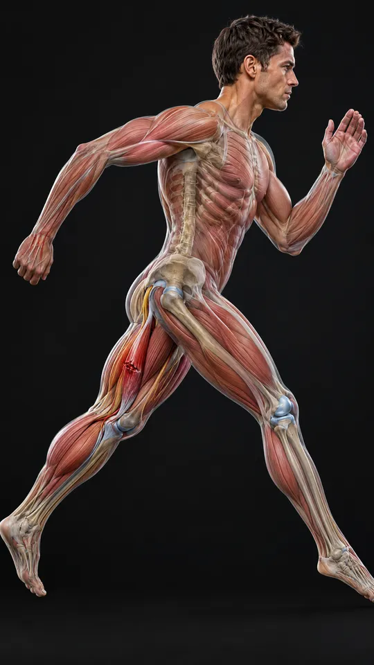 Sprinter with the hamstring muscles shown at the back of the thigh and a small tear in one of them