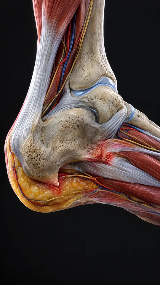 Side of the heel bone showing a small bony spur on its underside where the plantar fascia attaches