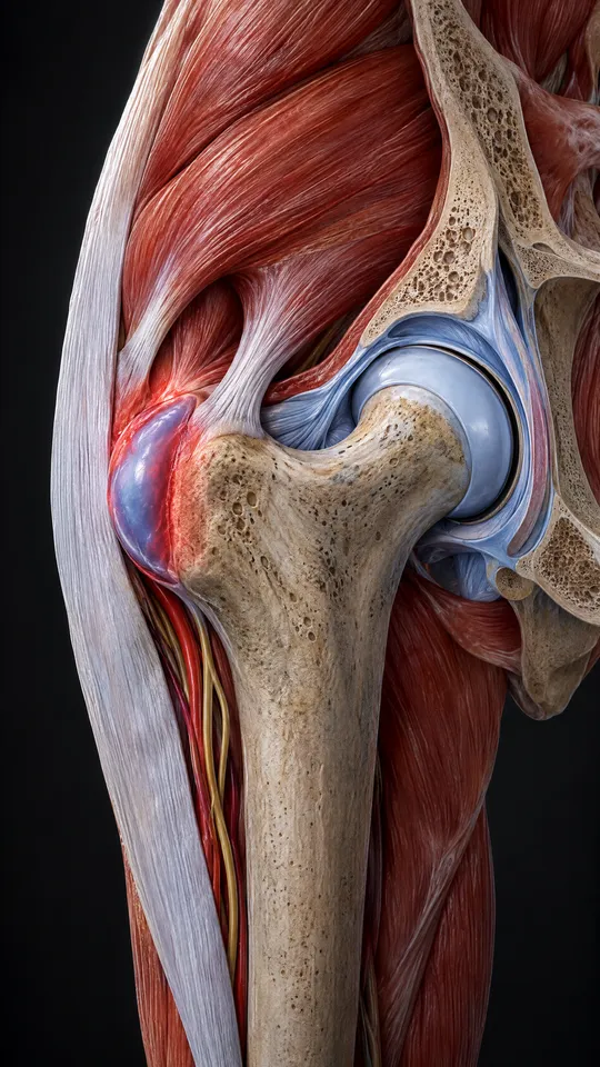 Outer hip showing the fluid-filled bursa over the bony point of the thigh bone, swollen and irritated