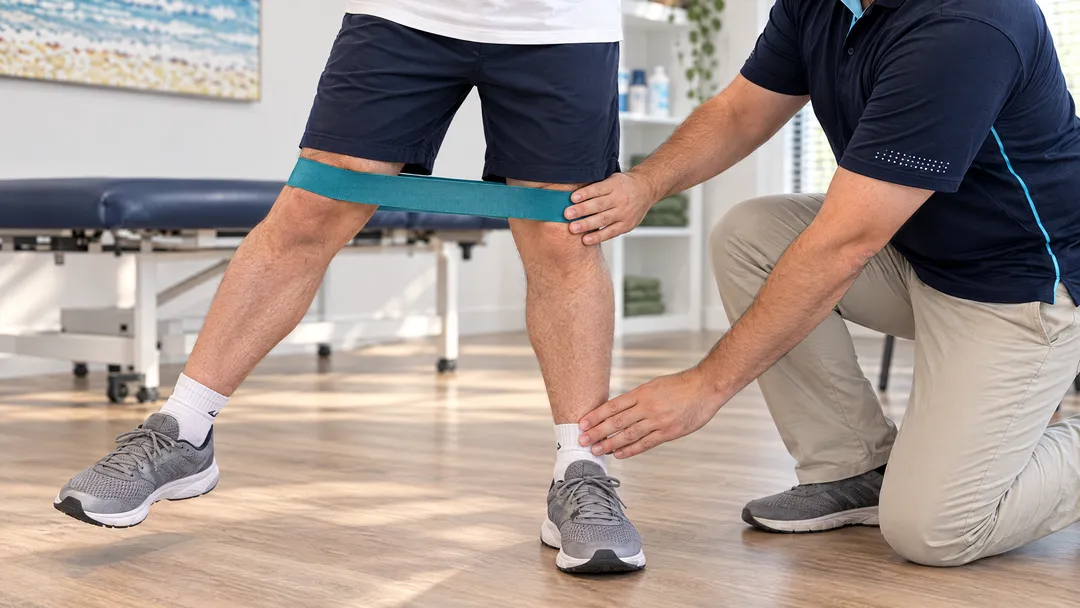 Physiotherapist guiding a male patient through a banded side-step hip strengthening exercise, hands at the knee and ankle