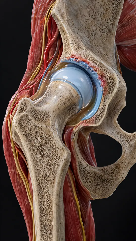 Cross-section of the hip showing a shallow socket covering less of the ball at the top of the thigh bone