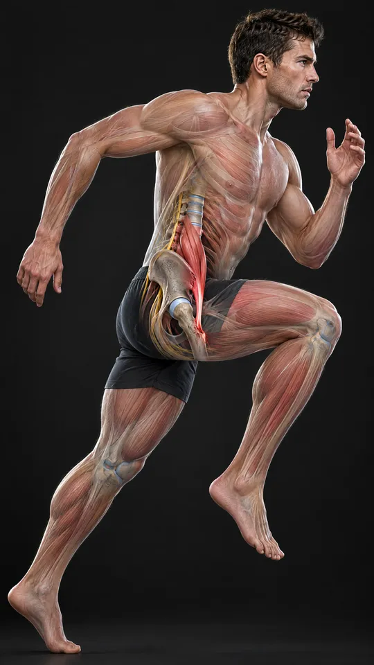 Man sprinting with the hip flexor muscle shown running from the lower spine to the top of the thigh bone