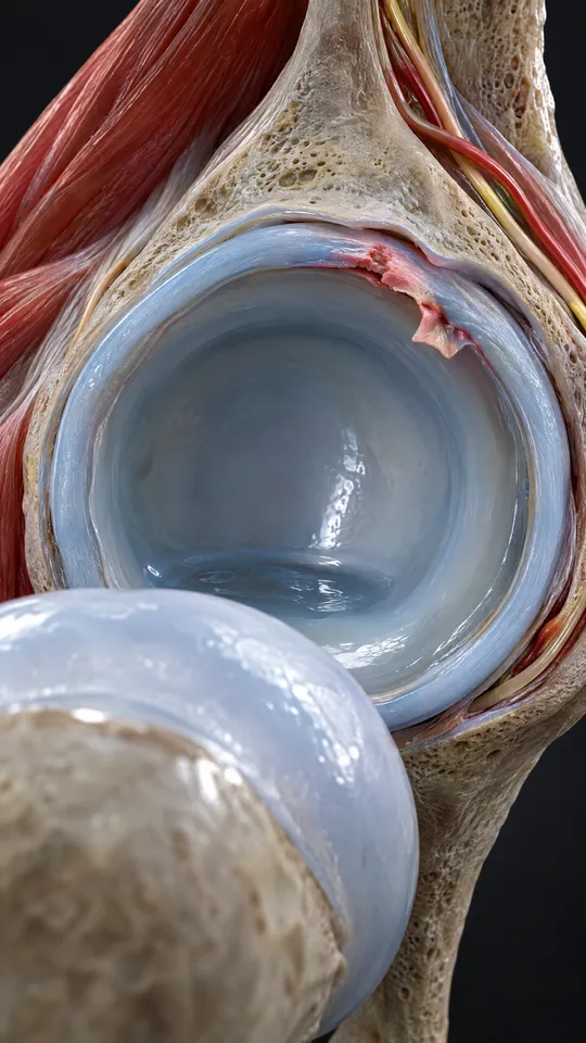 Inside the hip socket showing a tear in the ring of cartilage around its rim