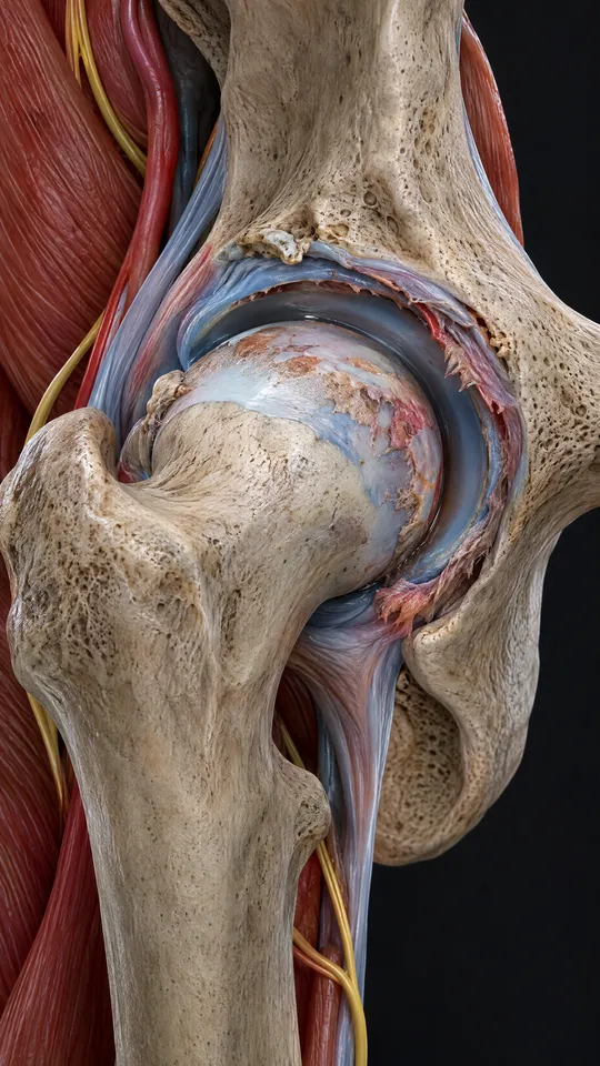 Hip joint showing thinned, patchy cartilage on the ball and small bony spurs around the socket