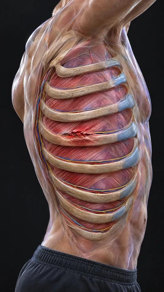 Side of the rib cage showing the muscles between the ribs with a small tear in one of them