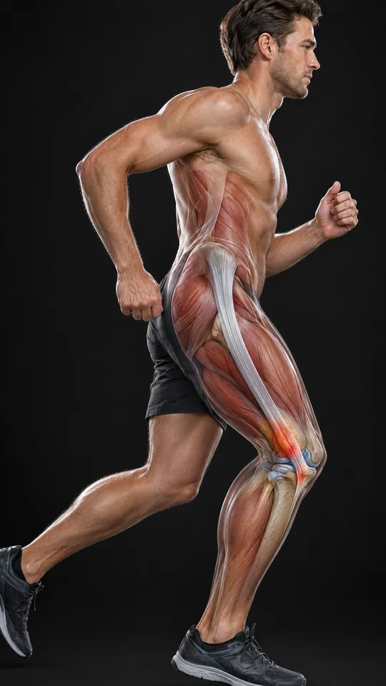 Runner with the iliotibial band shown down the outer thigh and an irritated area where it crosses the outer knee