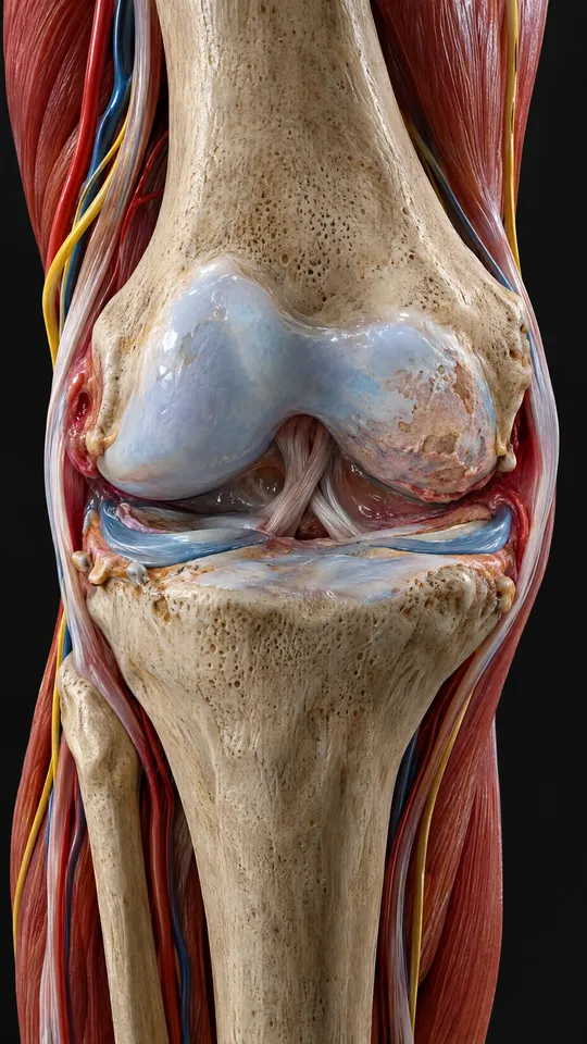 Knee joint showing thinned, patchy cartilage and small bony spurs at the joint edges