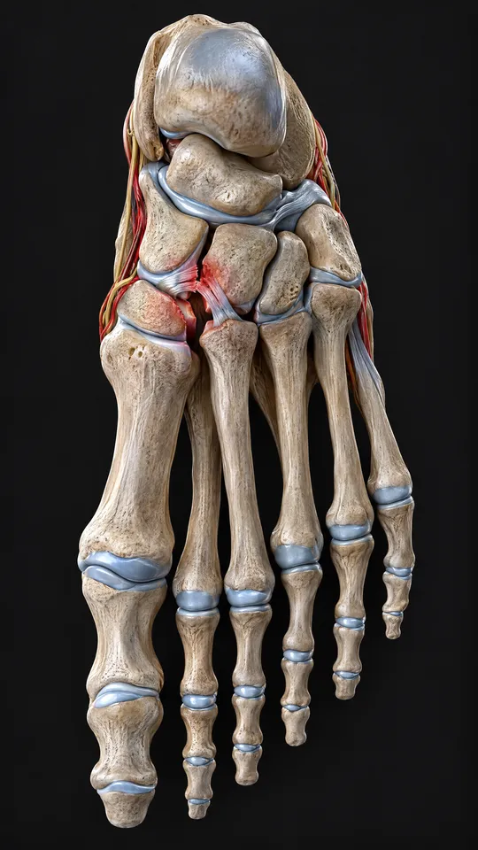 Foot bones from above showing a torn ligament and a small gap at the midfoot joint line