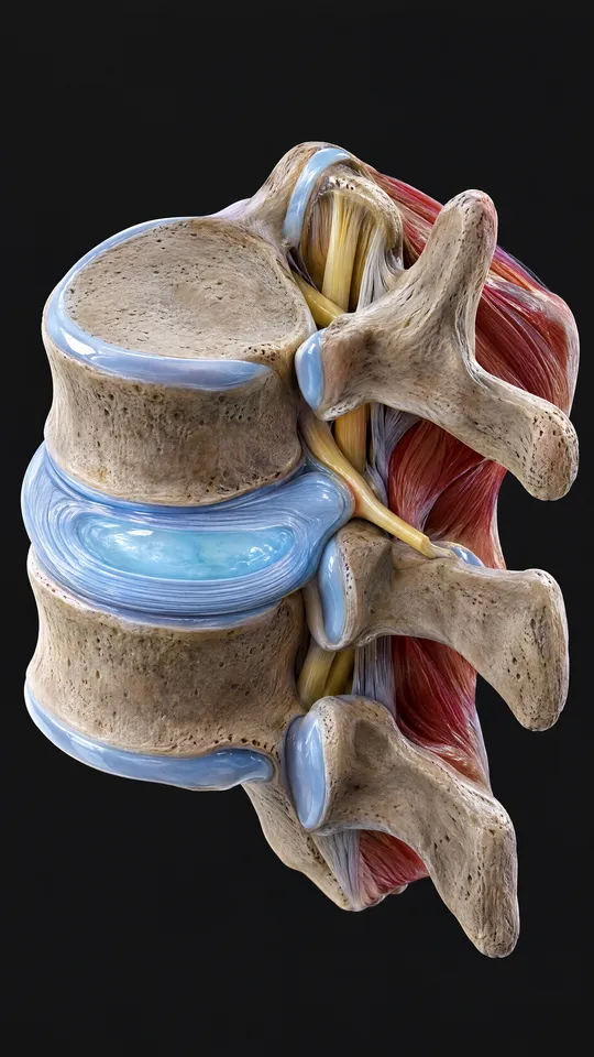 Two lower back vertebrae with the disc between them bulging back toward a nerve root