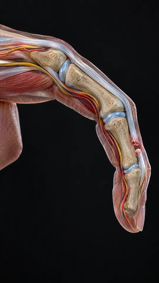 Side view of a finger with a drooping fingertip, showing the torn tendon at the last joint