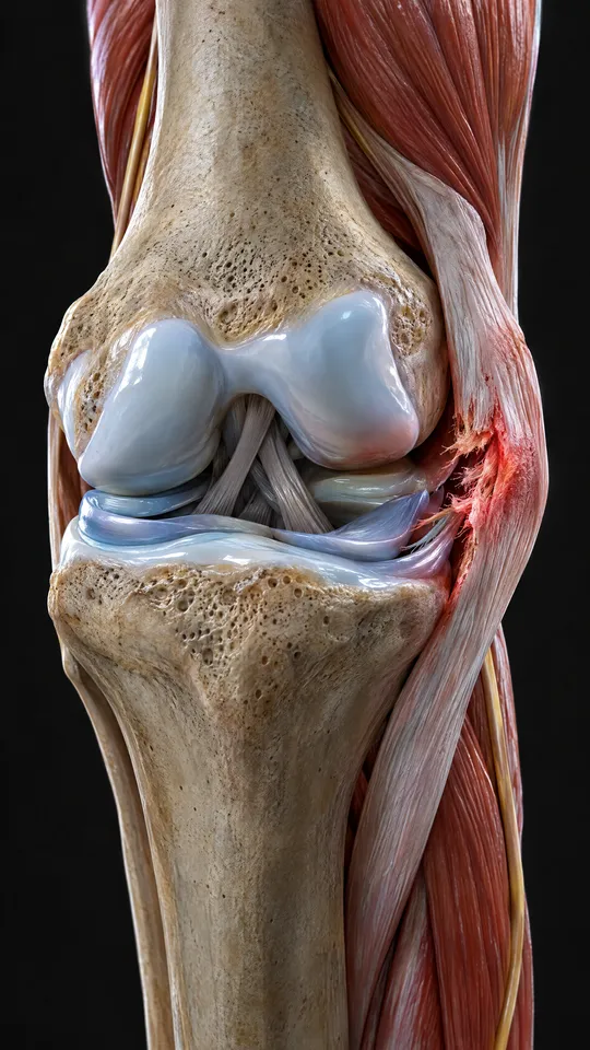 Front of the knee showing a tear in the ligament on the inner side of the joint