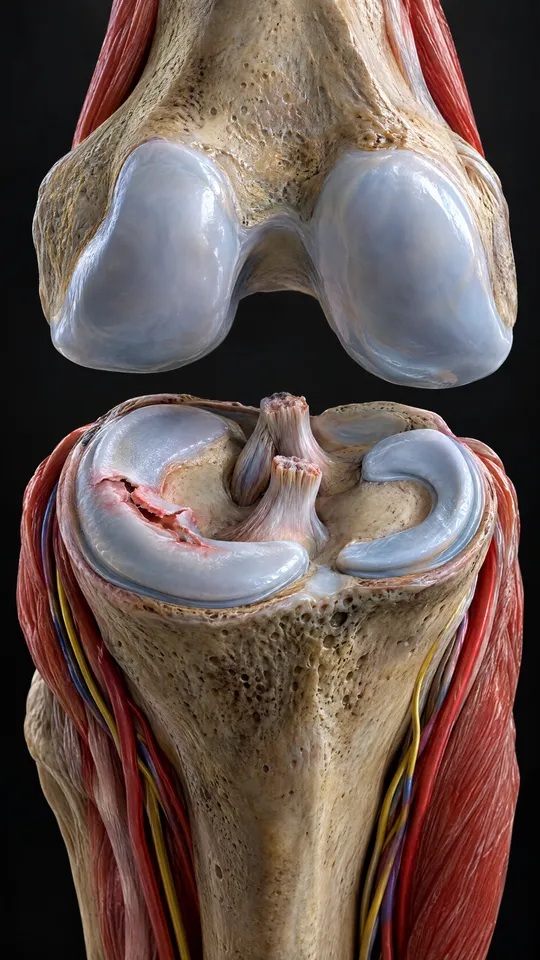 Top of the shin bone showing the two C-shaped menisci, one with a tear