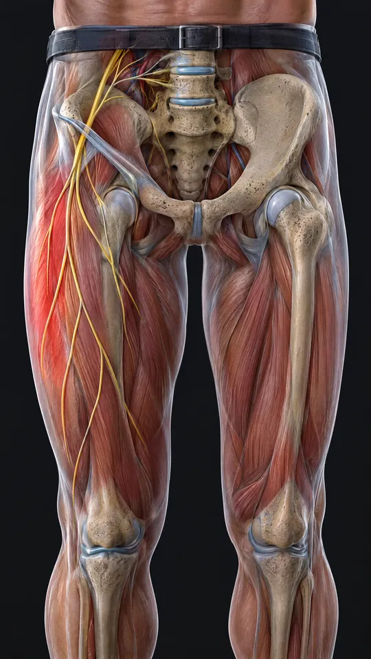 Front of the pelvis and thighs showing the nerve that passes by the front hip bone and fans over the outer thigh