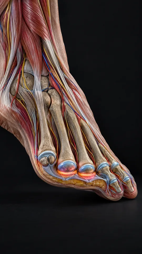 Side view of the forefoot showing pressure under the heads of the long foot bones