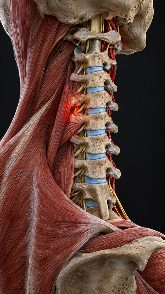 The seven neck vertebrae with their discs and small facet joints, one joint shown irritated