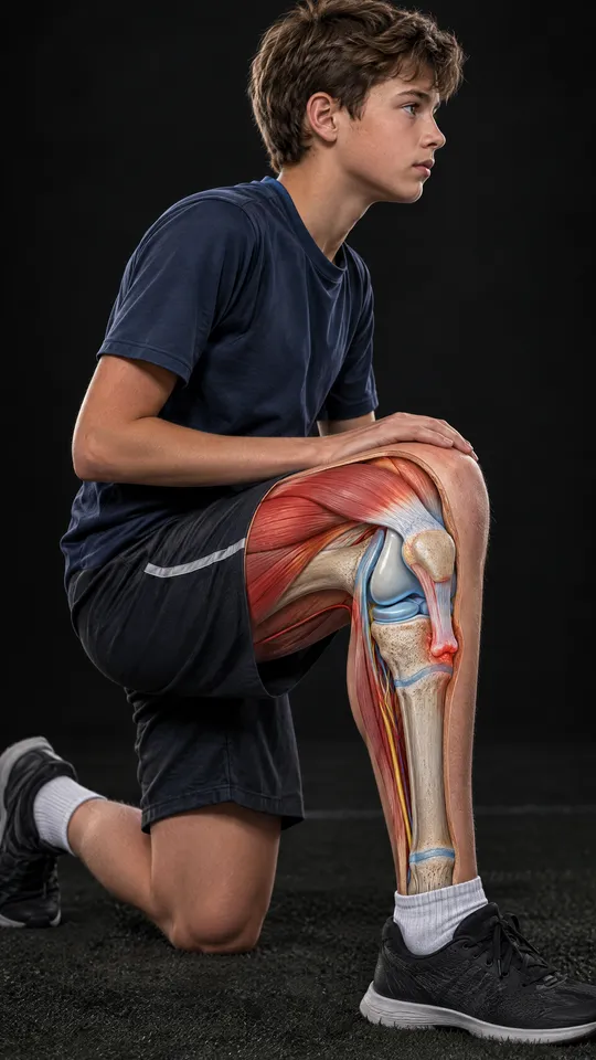Boy kneeling with the knee shown inside: the kneecap tendon pulling on a sore bump at the top of the shin