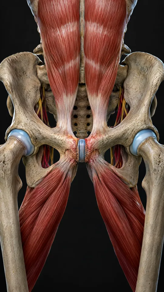 Front of the pelvis showing the joint where the two pubic bones meet, with the abdominal and inner thigh muscles pulling on it