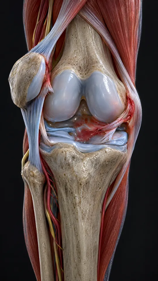 Front of the knee showing the kneecap slipped to the outer side and the torn ligament on the inner side