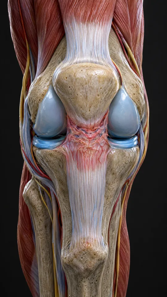 Front of the knee showing the patellar tendon irritated just below the kneecap