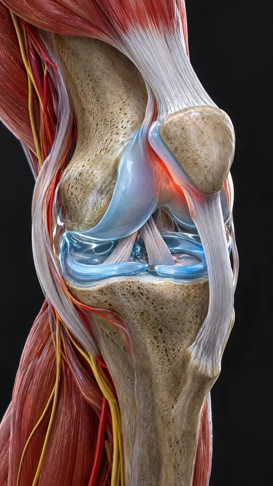 Front of the knee showing the kneecap sitting in its groove on the thigh bone with an irritated surface beneath it