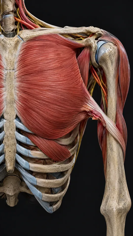 Chest wall and shoulder showing the large chest muscle with a tear where it narrows into its tendon near the armpit