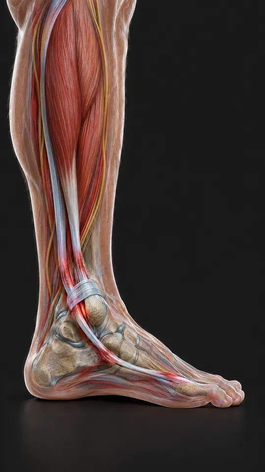 Outer lower leg and ankle showing the two peroneal tendons curving behind the outer ankle bone, shown irritated