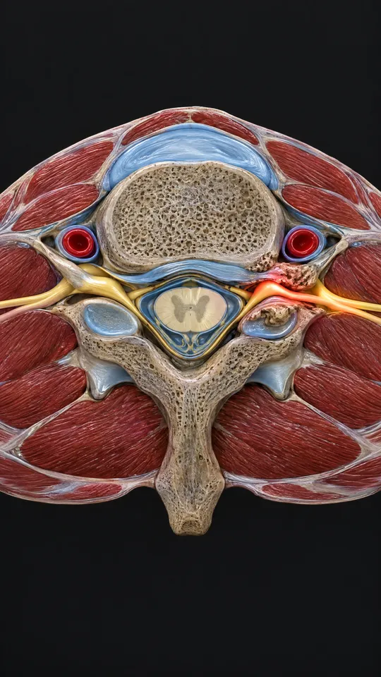 Cross-section of a neck vertebra showing a nerve root squeezed in a narrowed opening