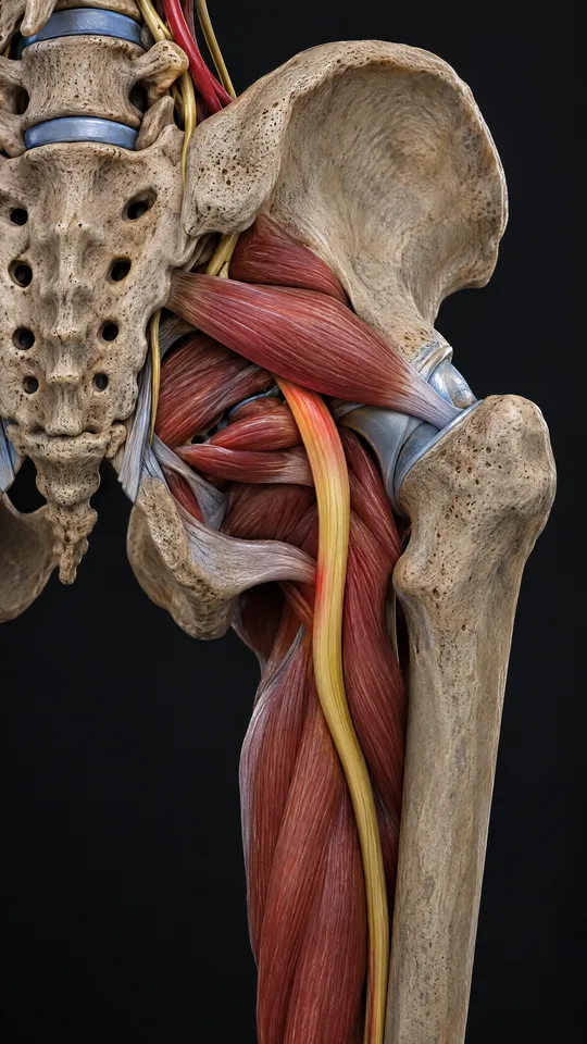 Back of the pelvis showing the piriformis muscle pressing on the sciatic nerve beneath it