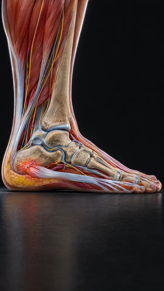 Side view of the foot showing the plantar fascia running from the heel to the toes, irritated where it attaches to the heel