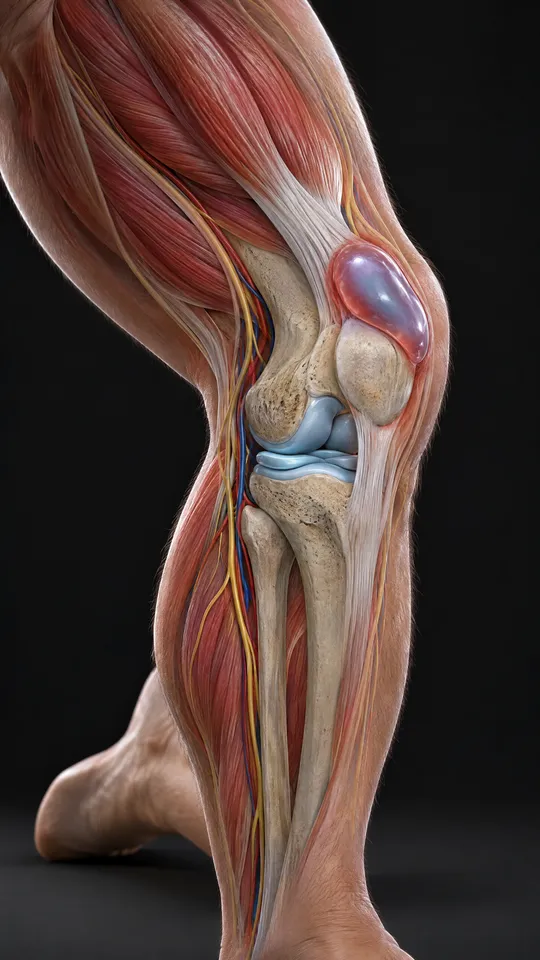 Side of a bent knee showing a swollen fluid-filled bursa in front of the kneecap
