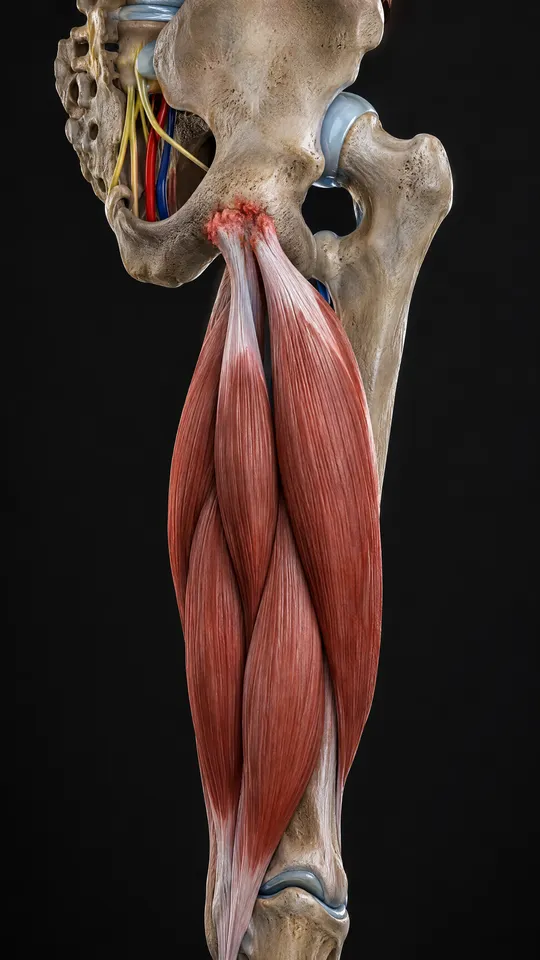 Pelvis and thigh from behind showing the hamstring tendons irritated where they attach to the sit bone