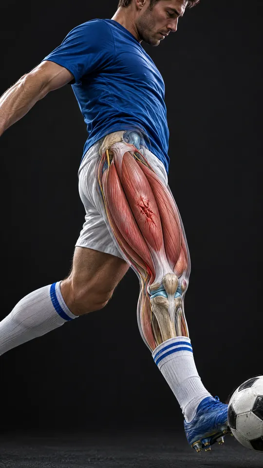 Footballer kicking with the four quadriceps muscles shown on the front of the thigh and a strain in the middle one