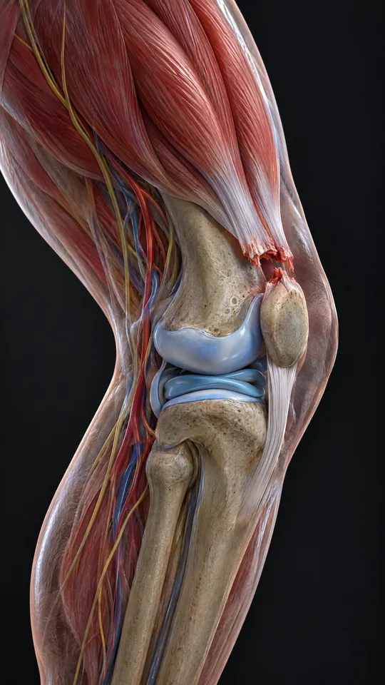 Side of the knee showing the quadriceps tendon torn just above the kneecap