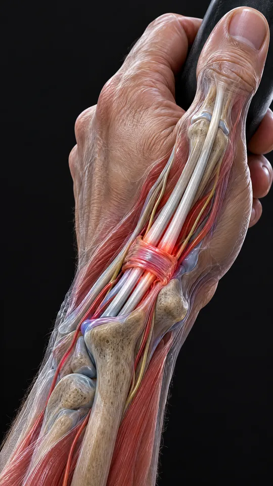 Thumb side of the wrist showing two thumb tendons passing through a tight, irritated sheath
