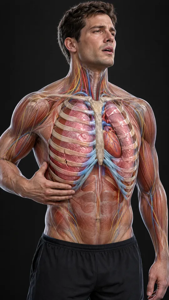 Rib cage with the lungs and heart inside, showing a crack in one rib on the side
