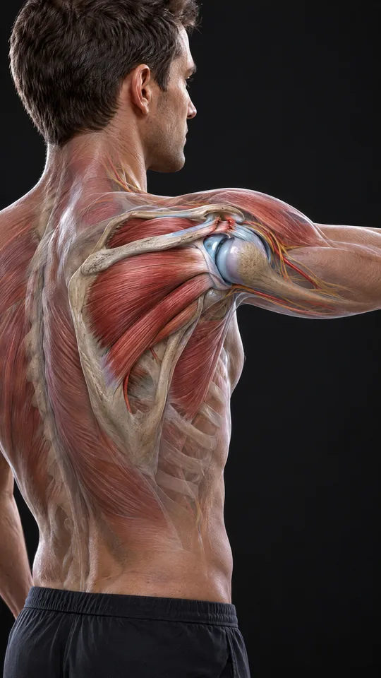 Shoulder from behind showing the rotator cuff muscles around the shoulder blade with a tear in the top tendon