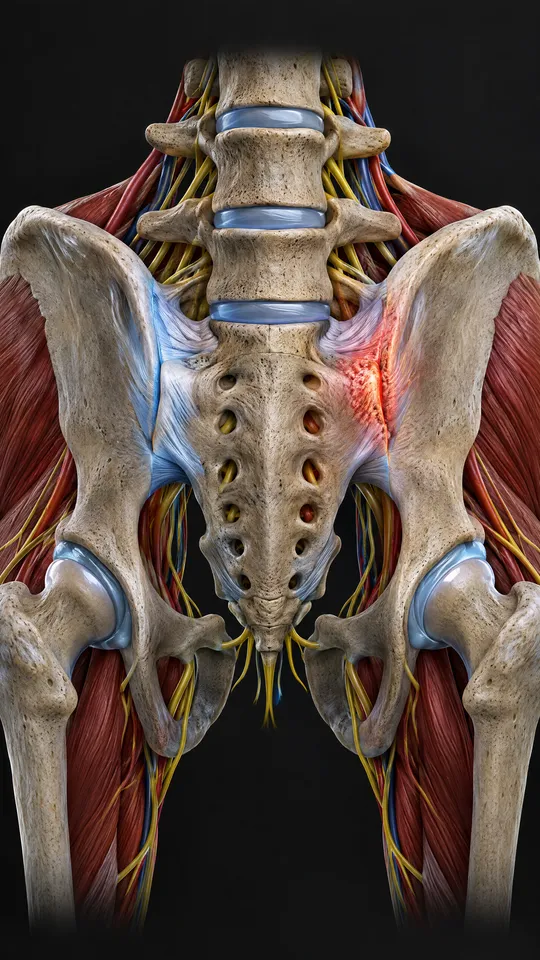 Back of the pelvis showing the two sacroiliac joints either side of the sacrum, one shown irritated