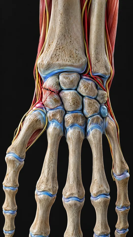 Wrist and hand bones showing a fracture line across the scaphoid bone at the base of the thumb