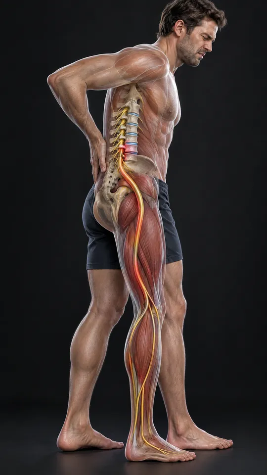 Side view of a man showing the sciatic nerve running from the lower spine through the hip and down the back of the leg