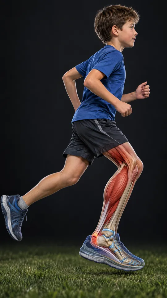 Boy running with the heel shown inside: the Achilles tendon pulling on the growth plate at the back of the heel bone