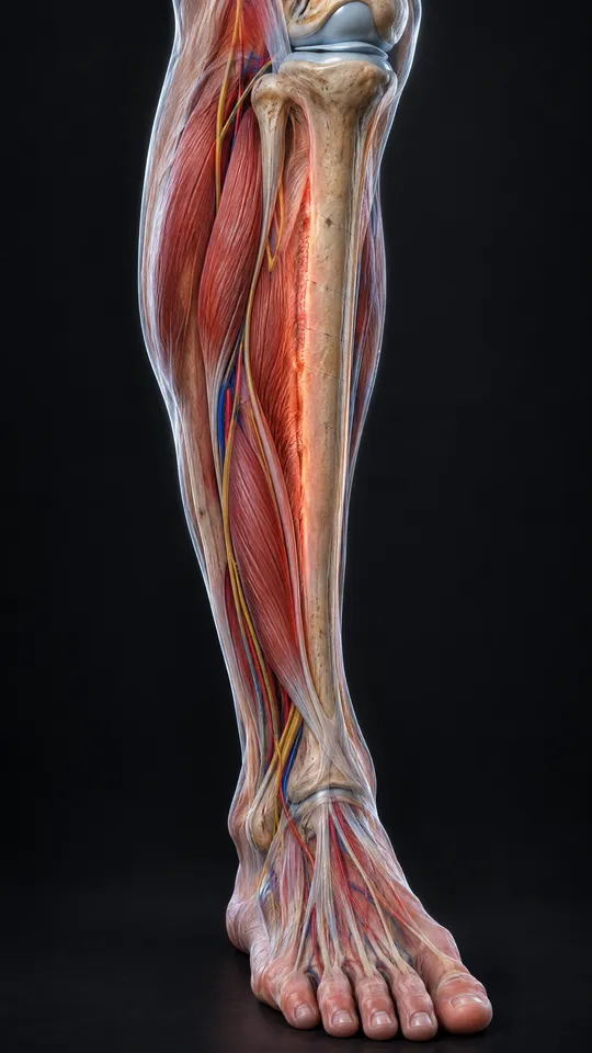 Lower leg showing an irritated strip along the inner edge of the shin bone