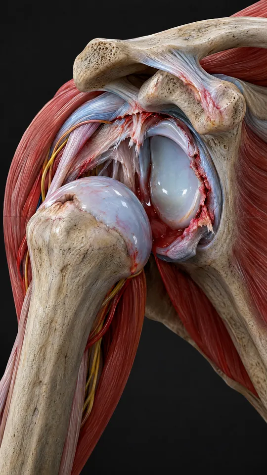 Front of the shoulder showing the ball of the arm bone out of its socket with torn tissue at the front