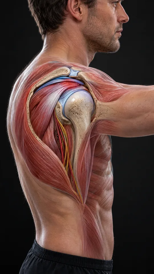 Side of the shoulder showing the tendon and bursa squeezed in the gap under the bony roof of the shoulder